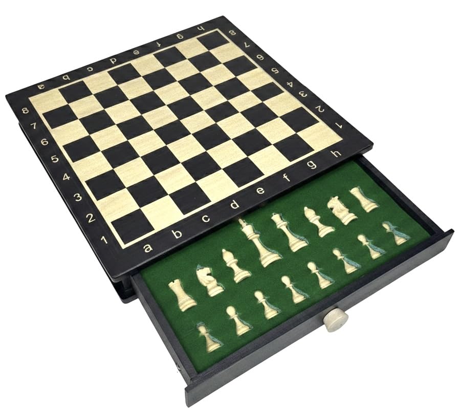 Image of PALM ROYAL HANDICRAFTS 11.5 x 11.5 Inches Handmade Drawer Wooden Chess Board Set Made with Engineered Wood | Inbuilt Storage Compatment for Chessmen - (11.5 X 11.5 Inches) Black.