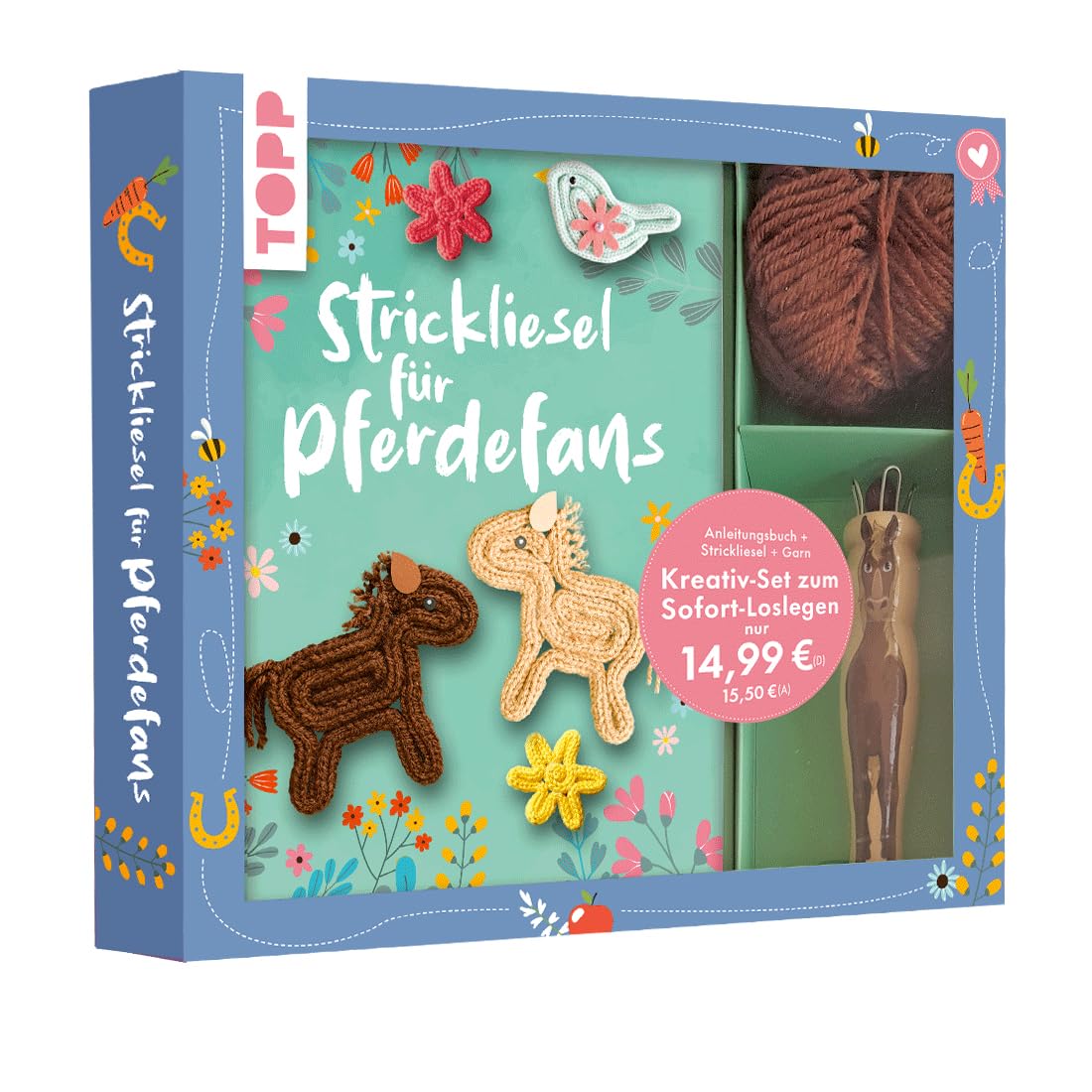 Kreativ-Set Strickliesel für Pferdefans: Buch (32 Seiten, DIN A5, Softcover) mit Strickliesel und Garn (100% Polyacryl).