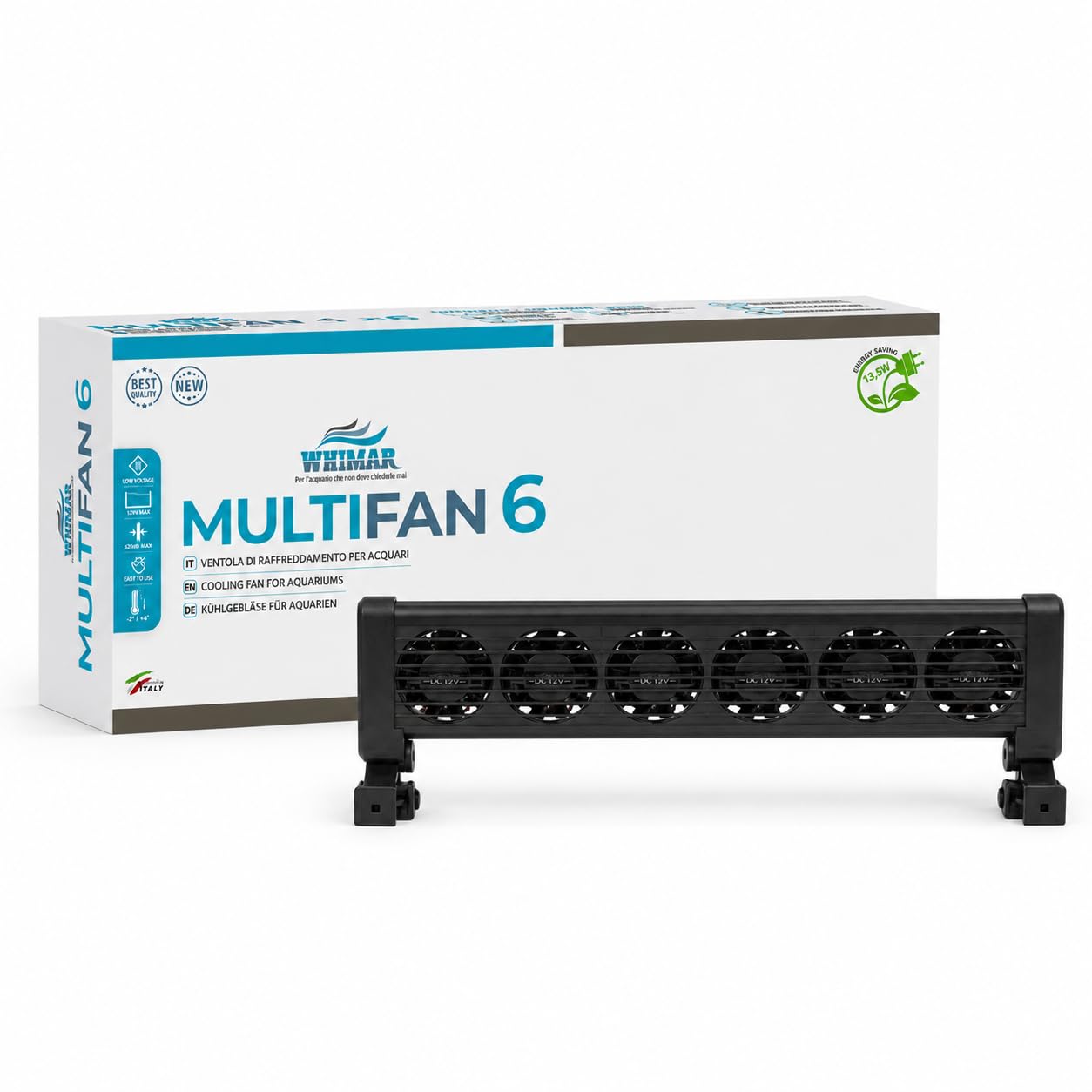 Whimar MultiFan 6 Ventole di Raffreddamento per Acquario, Sistema 12V a 6 Ventole, Basso Consumo 5,7W, Silenzioso <40 Db, per Acquari Aperti, Supporto per Vetro Fino a 20 mm