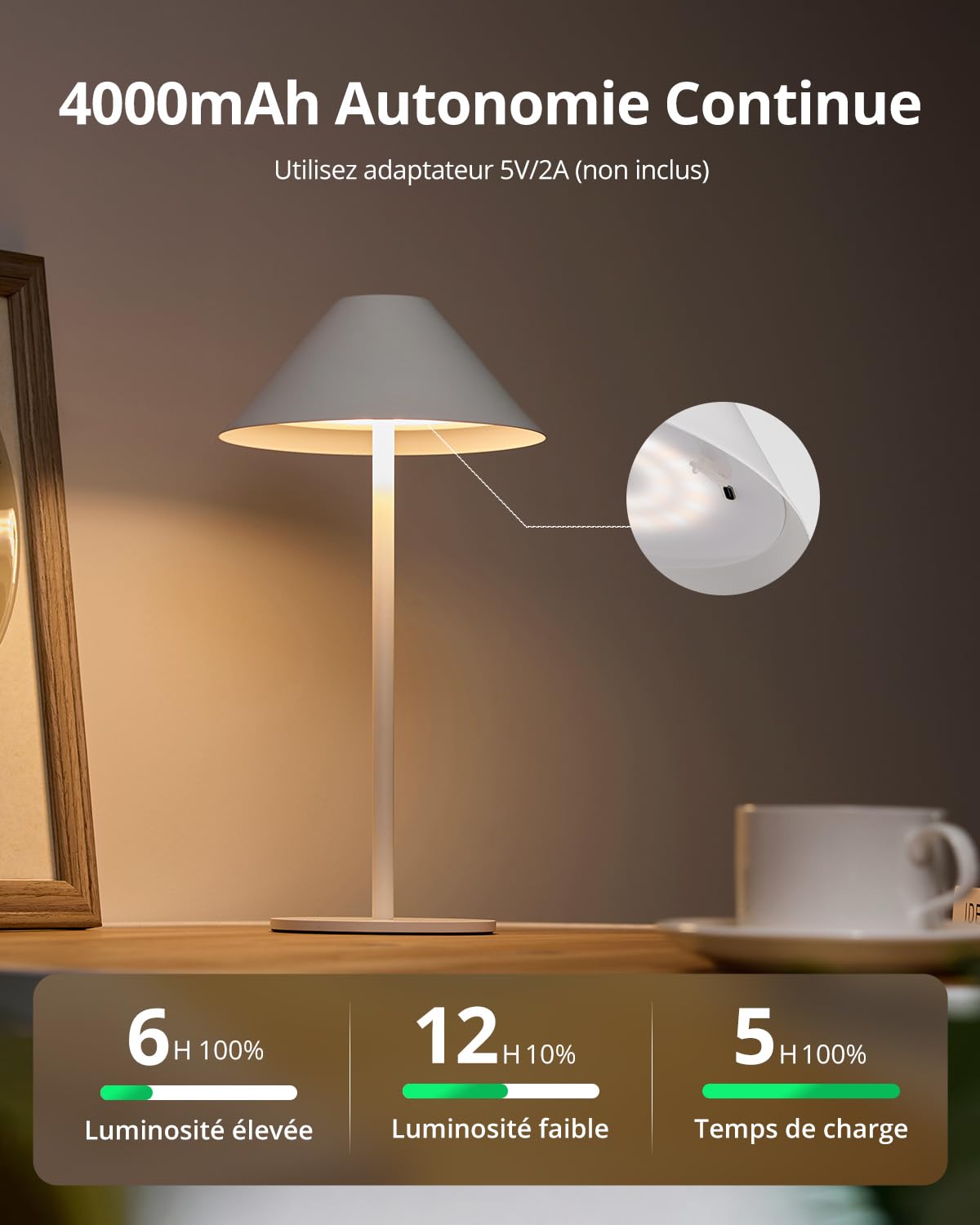 Bojim Lampe de Table LED Exterieure Tactile Sans Fil Rechargeable USB Autonomie 10j, Lampes Chevet Battery Interieur Petite Lamp Touch Lumiere Wireless Salon Lamps IP54 Waterproof Jardin Blanc