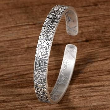 VIGANI Silver Bracelet, Fashion Cuff Bracelet Retro Bangle Sterling Silver 999 Bangle Hope Blessing Brushed Open Bracelet Pure Silver
