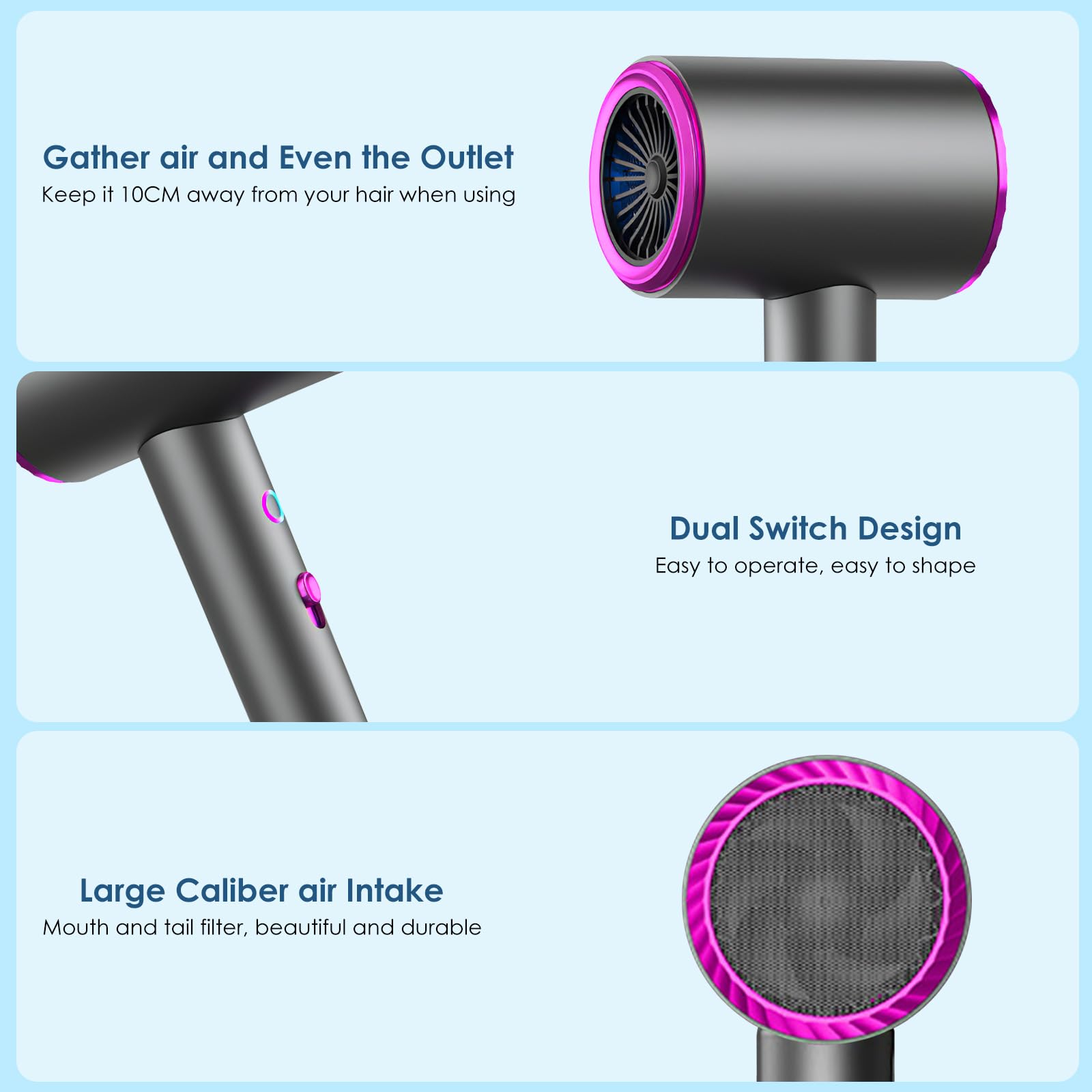 Sèche-Cheveux Professionnel IONIQUE 2400W, Moteur AC Silencieux, Séchage Rapide, 3 Températures, avec Diffuseur & Concentrateur, Léger pour Voyage, Anti-Frisottis pour Cheveux Bouclés/Fins/Épais