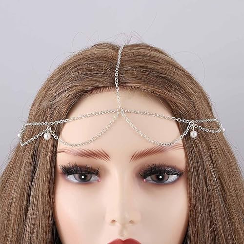Miniatura 6 de Cadena de cabello indio para festival, joyería para el cabello, diadema de perlas con borla, cadena de cabeza ondulada para mujeres y niñas