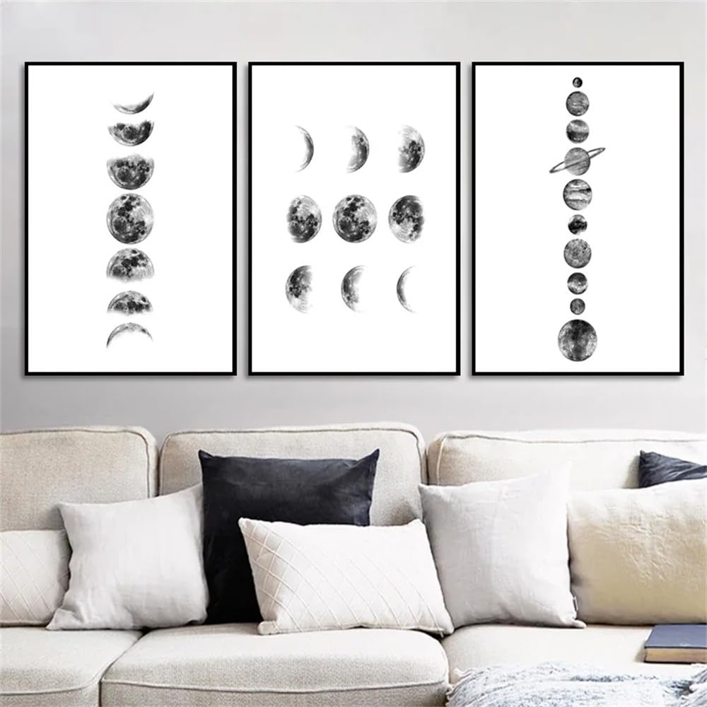 WUHBCZ Art Pictures-Nordic Abstract Solar System Wall Art Black and White Moon Phases Canvas Art Prints Space Poster Painting for Living Room Office Home Decor-40 * 60cm/3PCS (No Frame)
