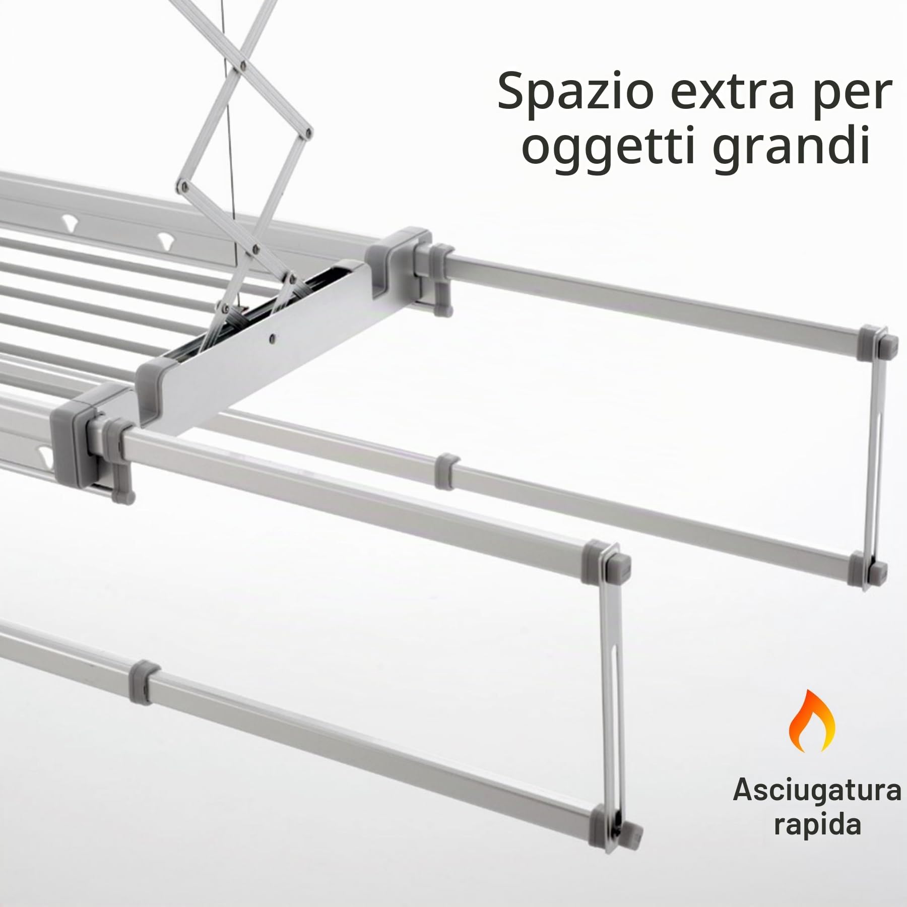 foxydry Pro, stendibiancheria da soffitto elettrico, con aria calda, 122 cm | salvaspazio, in alluminio, telecomandato, motorizzato, per lenzuola, luce LED, sostiene 35 kg, grigio