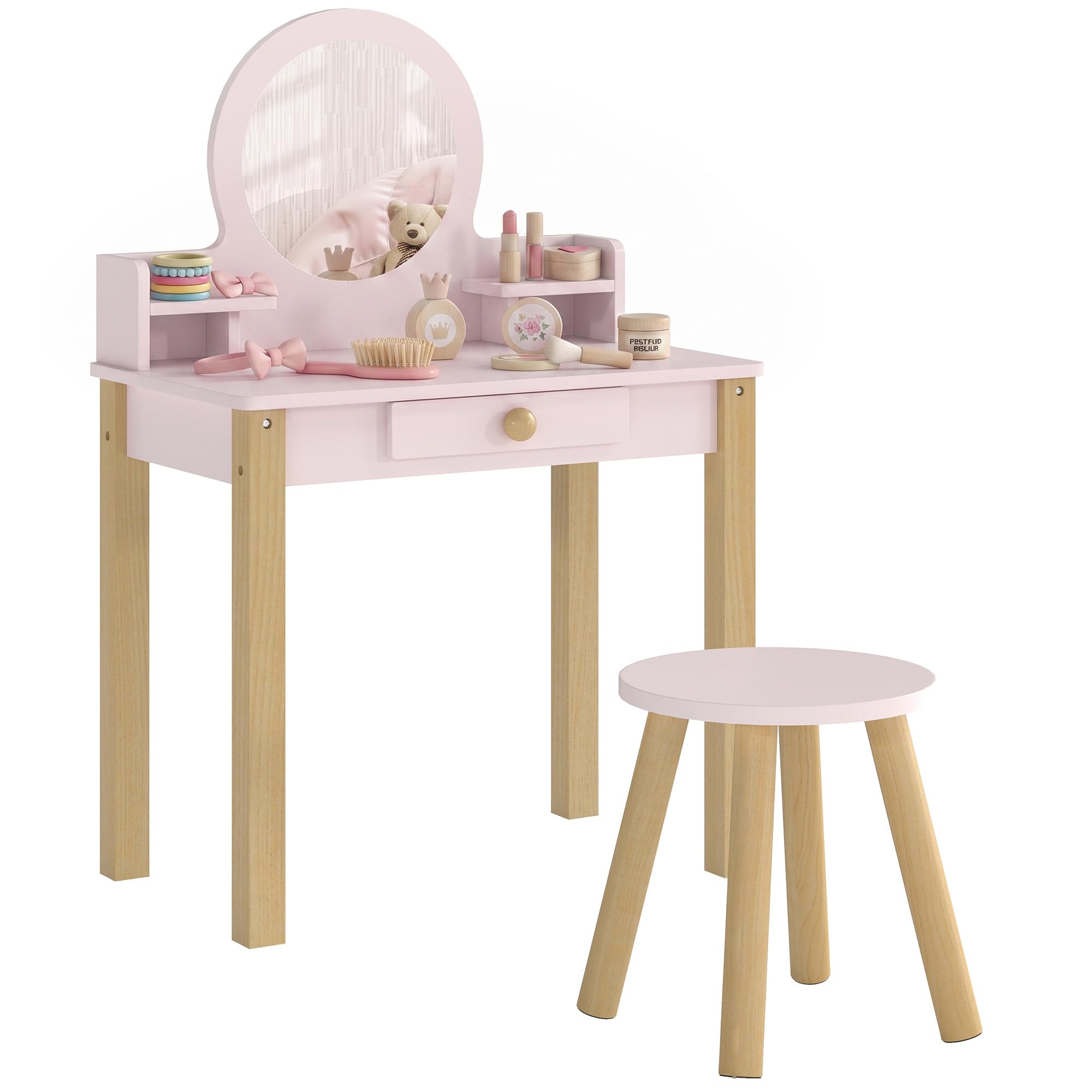AIYAPLAY Set Toeletta Trucco Bambina 2 in 1 con Sgabello 3-6 Anni Rosa | Postazione Tavolo Trucco in Legno, Specchio in Acrilico, Cassetto, 2 Ripiani, Bordi Arrotondati