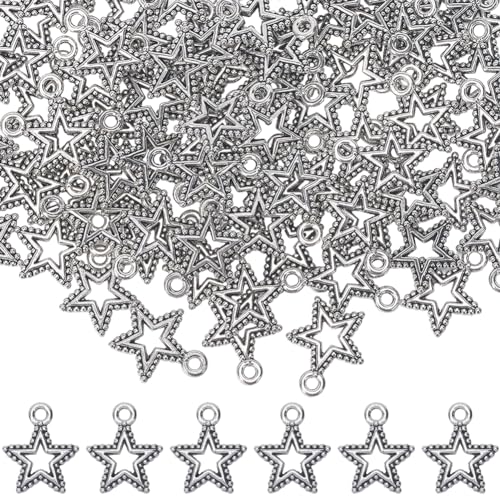 SUNNYCLUE 1 Box 100Pcs Pentagram Charm Silver Stars Charm Bulk Tibetan Alloy Small Metal Beads Five Pointed Star Charm for jewellery Making Charms Supplies DIY Crafting Necklace Bracelets Earrings