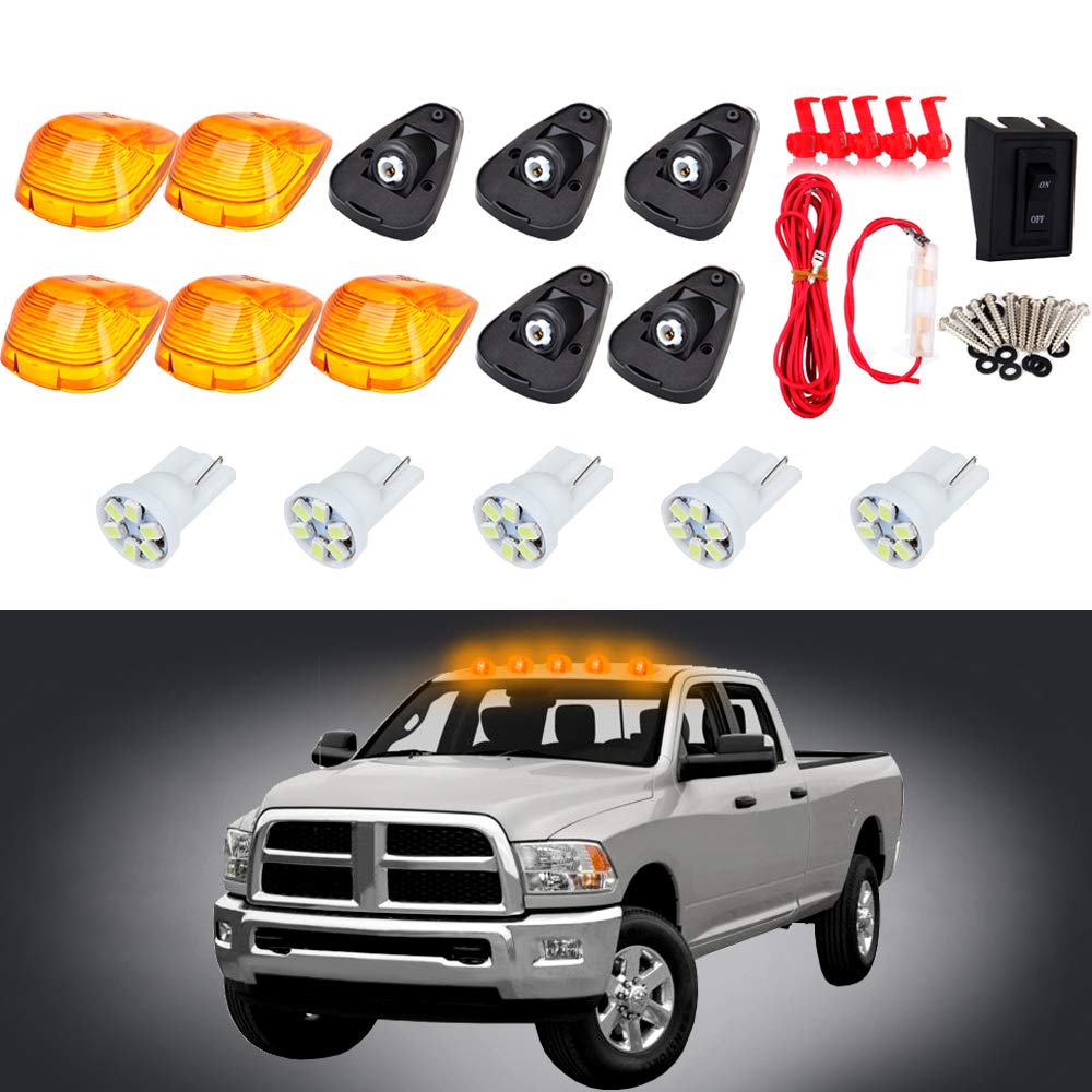 cciyu 5x Cab Marker Light Assembly Amber Top Roof Running Len w/Base+Wiring Pack T10-6-3020-SMD White LED Bulbs Cab Marker Assembly fit for 1999-2016 For Ford F250 F350 F450 04-18