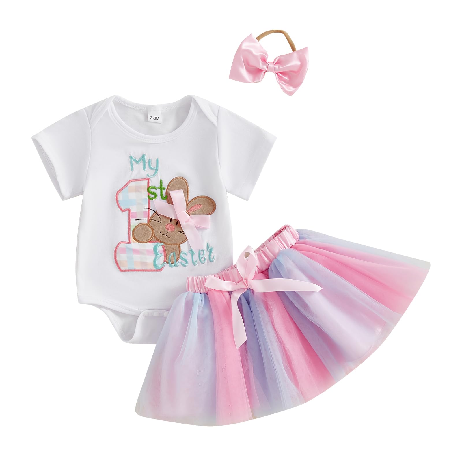 Saliuentm Infant Baby Girl Easter Outfit Short Sleeve Bunny Romper Tulle Tutu Skirt My First Easter Baby Girl Outfit