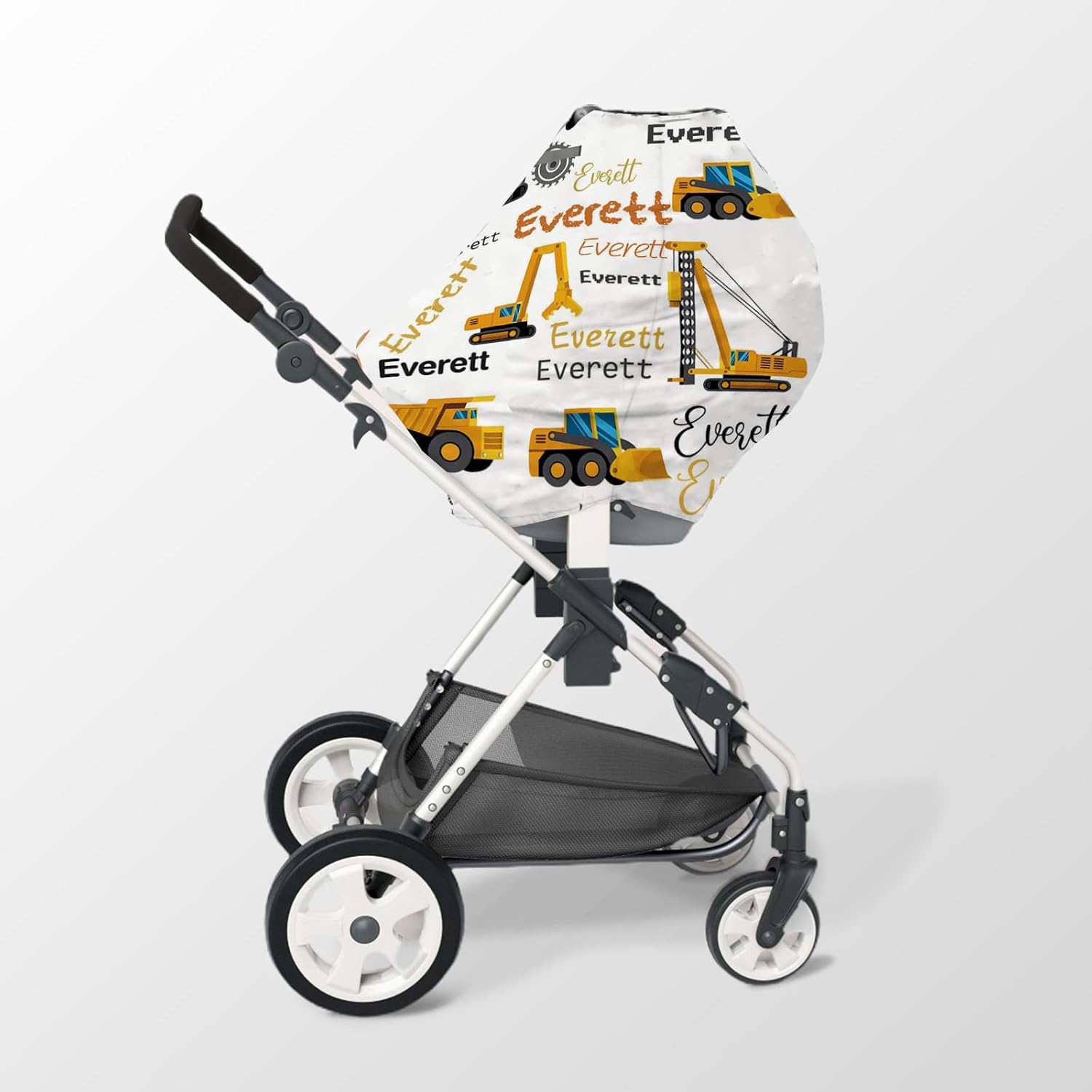 Personalized Baby Car Seat Cover Stroller Canopy: Custom Name Newborn Baby Girl Elastic Engineering Truck Nursing Cover for Moms First Birthday Gift Construction Car Pattern(one Size)