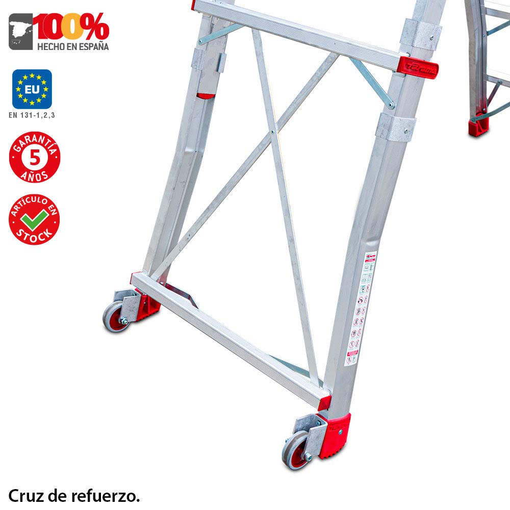 Faraone - Escalera con Plataforma PLS3-200x73x26 cm - Escalera 3 Peldaños - Escalera Plegable de Aluminio - Uso Profesional - Fácil de Transportar - con Ruedas - Amplio Plano de Trabajo