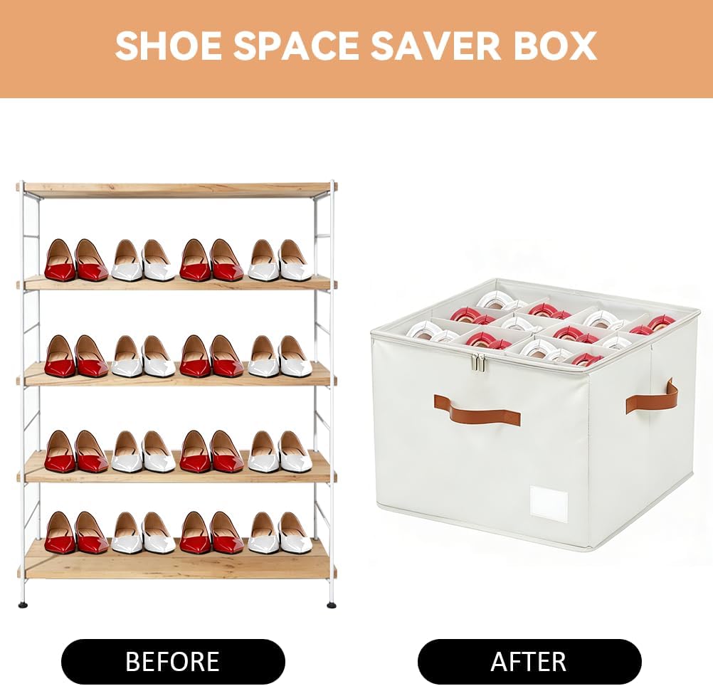 NVGSN Shoe Organzier for Cloest - 2pack Adjustable Shoe Storage Box Fits 8-16 pairs with Pop-Up dividers,17''*17''*12.5'' Space Saver shoe Box organizer with Clear Dust Cover
