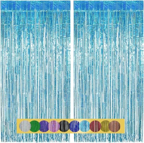 Montegoni 2 Pezzi 1x2.5m Azzurro Tende Metalliche Feste con Frange Scintillanti, Decorazione Lamina Glitter per Capodanno, Compleanno, Baby Shower, Festa di Nozze | Frange di Lamina per Decorazione