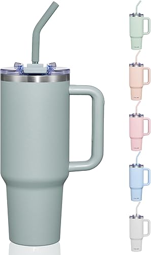 Vista 19 de COKTIK - Vaso de 40 onzas con asa y tapa con pajita, taza de café de viaje con aislamiento al vacío de acero inoxidable aislada para bebidas, a Beige
