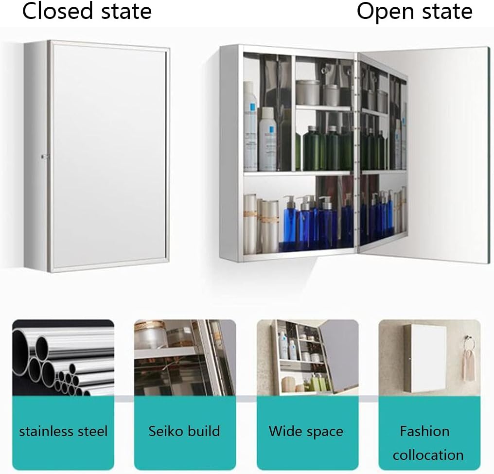 Stainless Steel Bathroom Storage cabinets Wall-Mounted Mirror Cabinet Storage Mirror Box Mirror with Shelf Bathroom Cabinet with Mirror Door (Color : Silver, Size : 35 * 50 * 13cm)