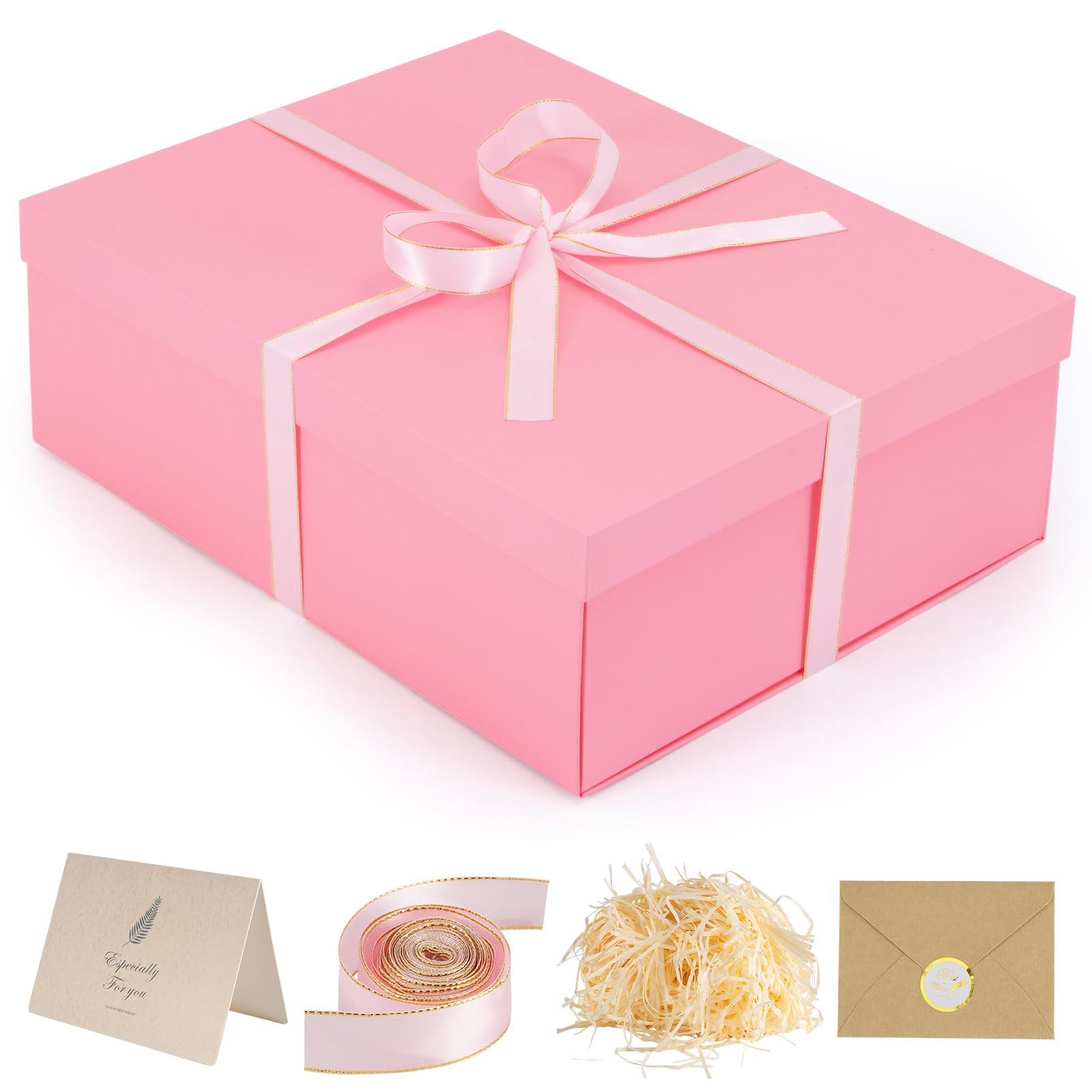 Geschenkbox, 41,9 x 33 x 14 cm, große rosa Geschenkboxen mit Deckel für Geschenke, Geburtstagsbox enthält Kartenband, geschreddertes Papierfüller, Geschenkpapierboxen für Valentinstag, Muttertag