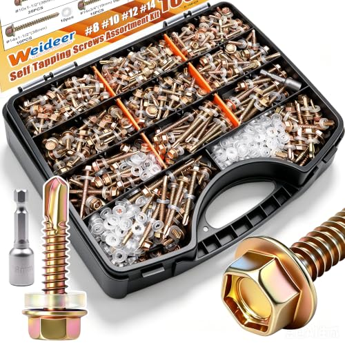 weideer 1000pcs #8#10#12#14 Self Tapping Screws for Metal, Grade 8.8 Alloy Steel Metal Screws Assortment Kit, Hex Washer Head Quick Tapping Self Drilling Screw with Rubber Washer