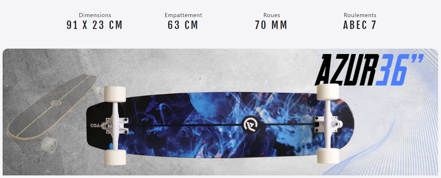 Coasto Longboard Azur 36'' Skateboard Balade Carving Dancing Freeride Cruiser Tout Terrain Bleu
