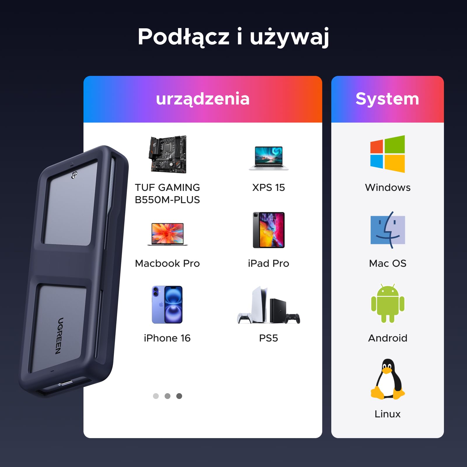 UGREEN RGB M.2 NVMe SATA SSD Enclosure 20 Gbps, obudowa USB C 3.2 Gen 2x2 M.2 SSD dla dysków NVME/SATA SSD 2230/2242/2260/2280 (M Key/B+M Key), kompatybilna z MacBookiem, HP 14pro, iPhone 16, PS5