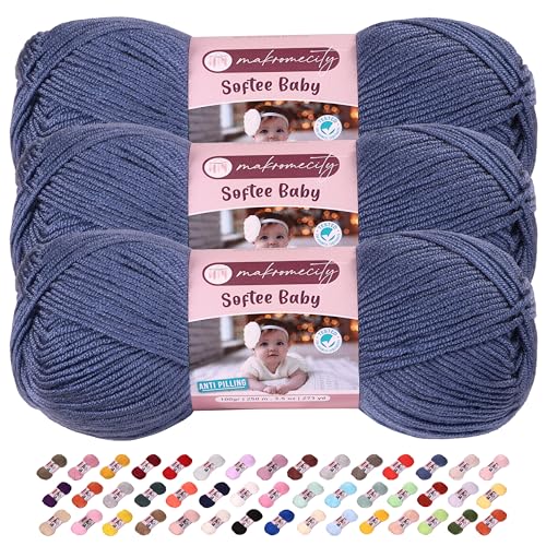 Image of 3 Skeins of Makromecity Softee Baby Yarn,%100 Premium Anti-Pilling Acrylic, 3.5 Oz, 273 yd (100gr /250 mt) Each, Soft Yarn for Crocheting and Knitting (Denim Blue, 3 Skeins)