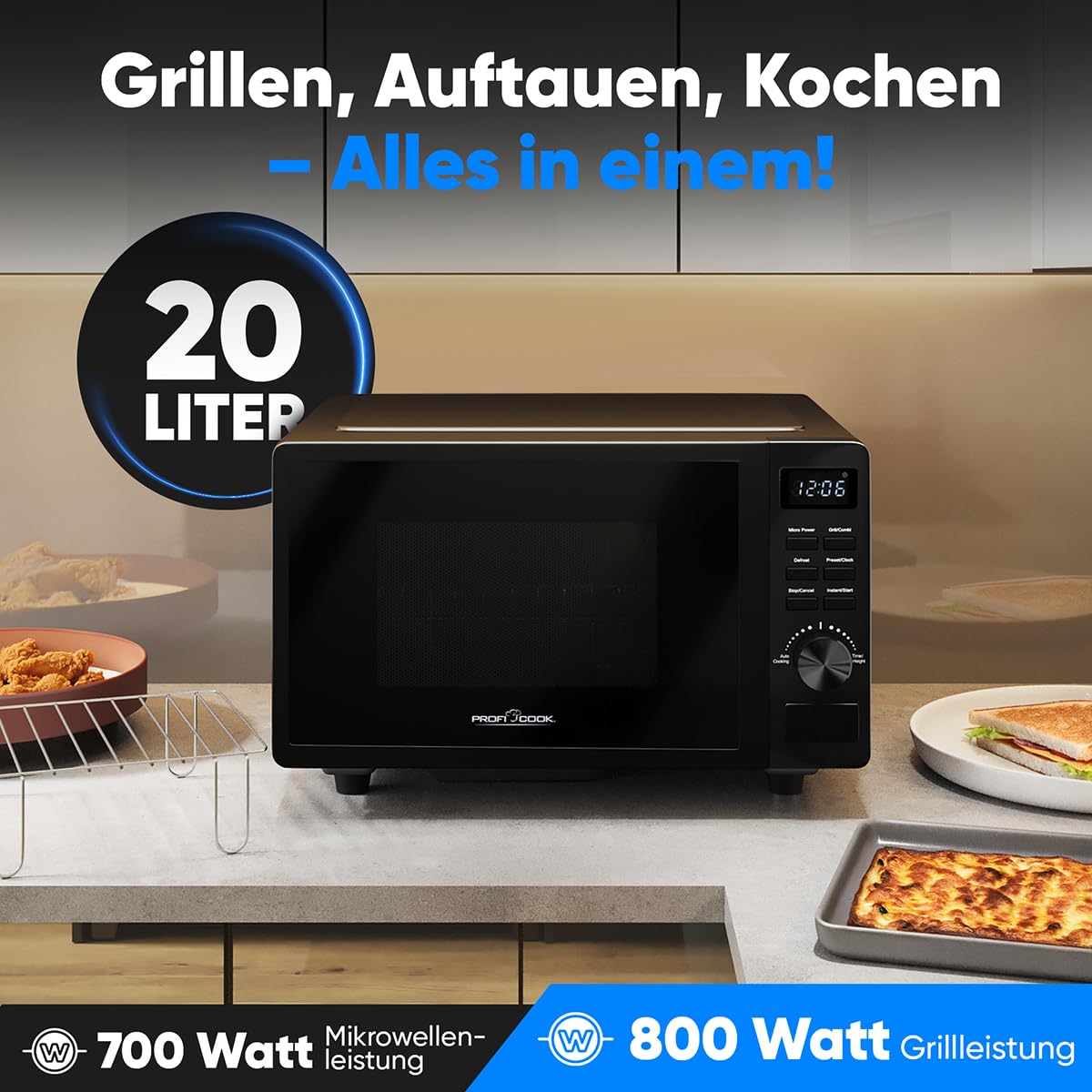 ProfiCook Mikrowelle mit Grill 20L | Mikrowelle ohne Drehteller für gleichmäßige Wärmeverteilung | Mikrowelle schwarz mit Timer und Auftaufunktion | inkl. Grillrost: 23 x 20cm,1150W | PC MWG 1278