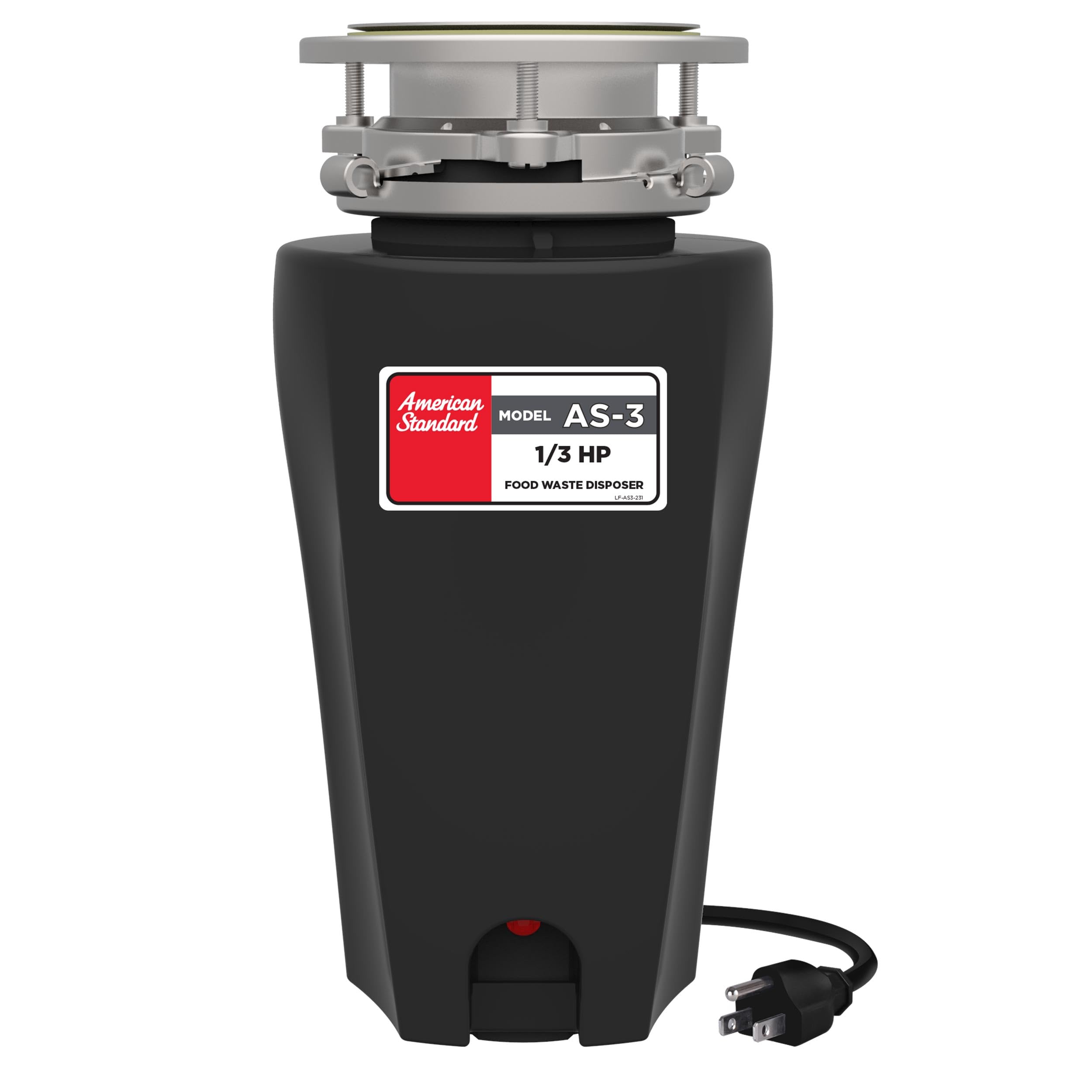American Standard 10-US-AS-3 Garbage Disposal Anti-Jam Stainless Steel Food Waste Grinding System, Slim Line, 1/3 HP, Black