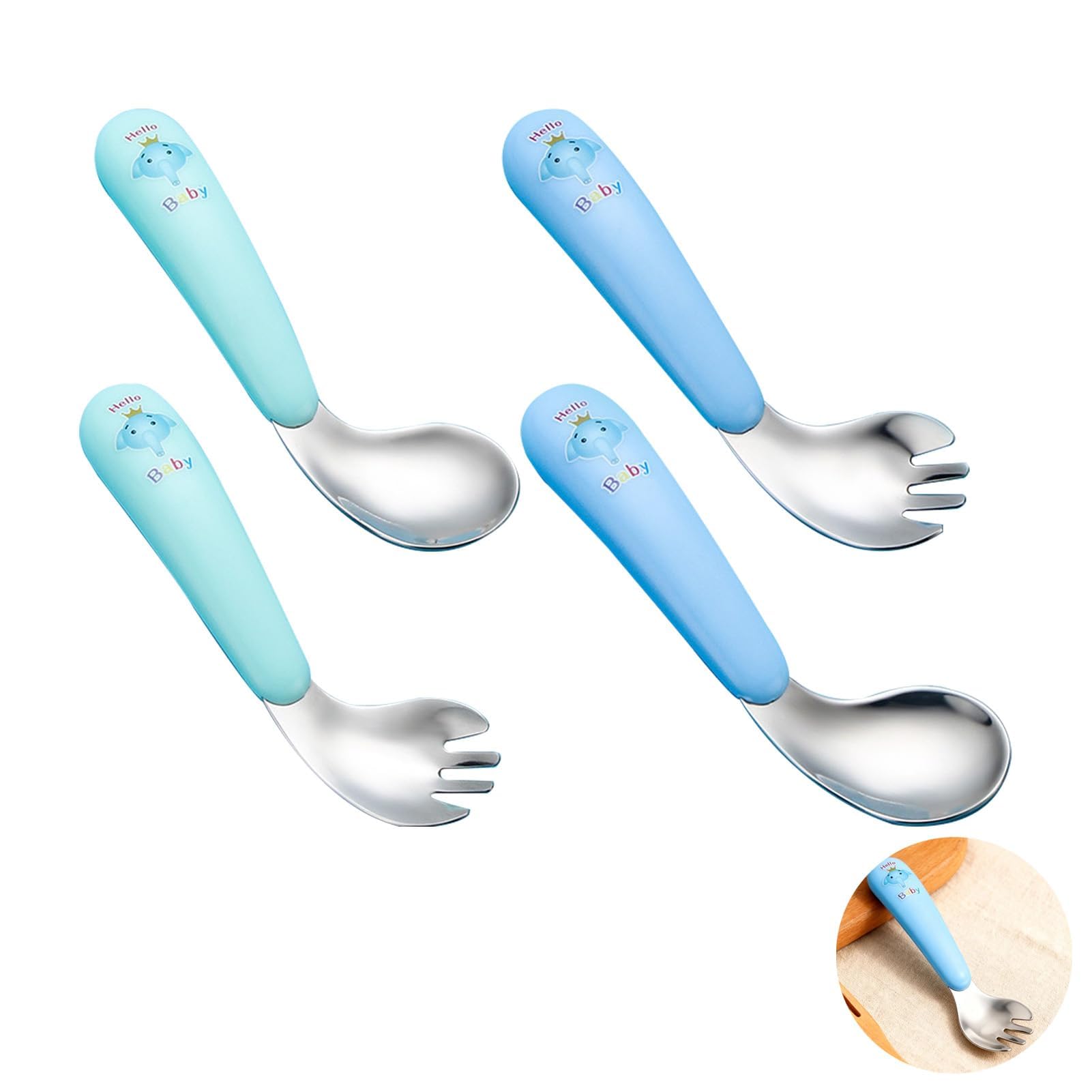 Dstarymnix Besteck Edelstahl 4-teilig Löffel und Gabel Set Esslernbesteck ergonomisch sicher für Selbstständiges Essen Tiermotive leicht zu greifen und spülmaschinenfest 13 cm
