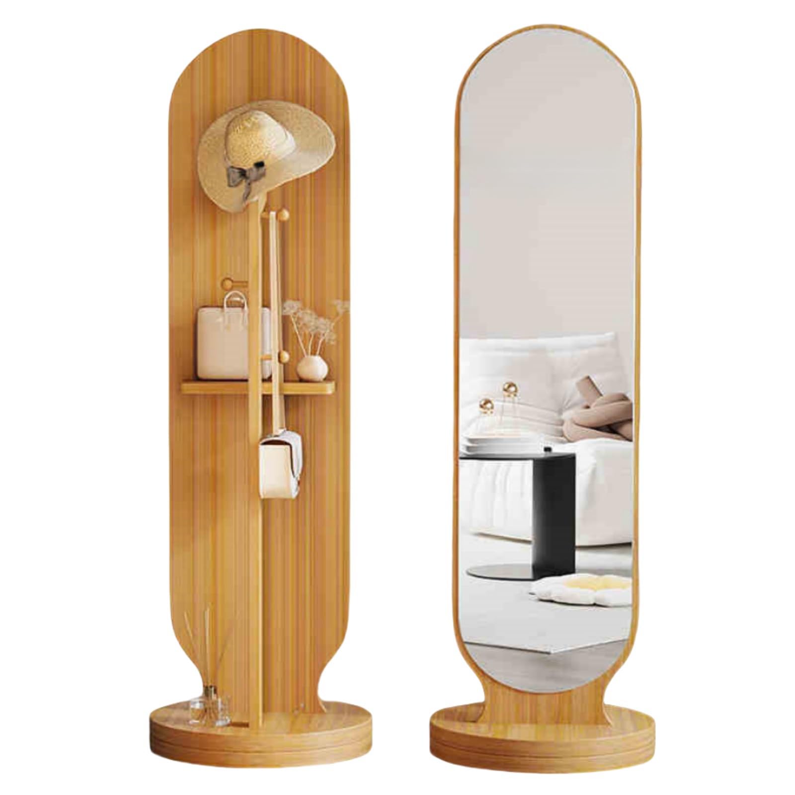 Specchio a figura intera con appendiabiti, girevole a 360°, colore legno, autoportante, con ganci, ideale per camera da letto e guardaroba, 46 x 168 cm