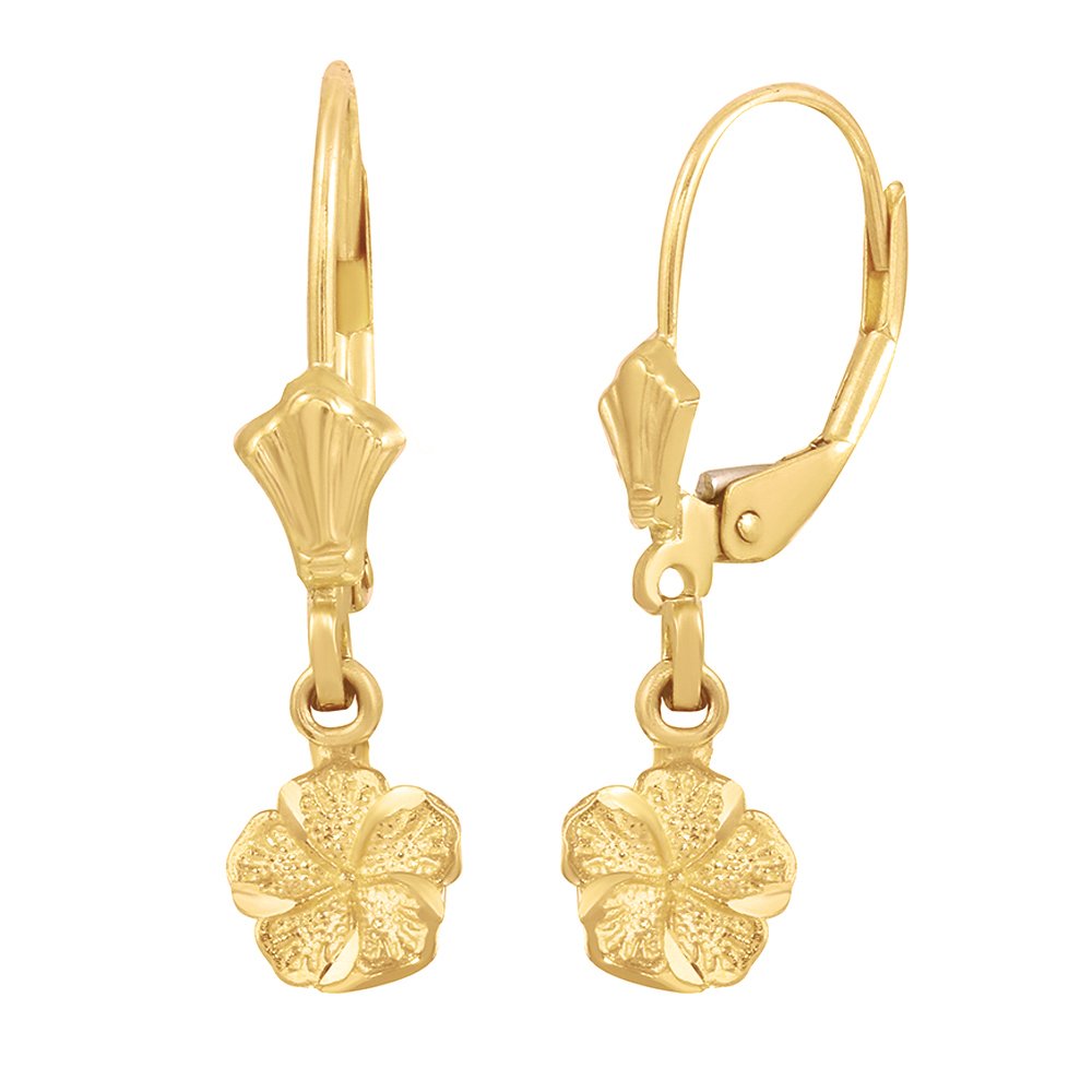 14k Gold Tropical Hibiscus (Malvaceae) Flower Dangle Earrings