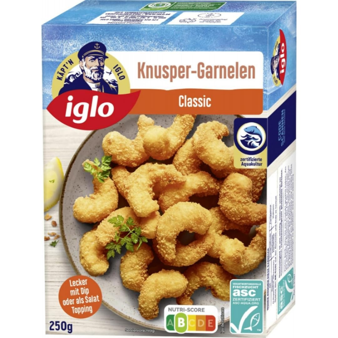 Iglo ASC Knusper-Garnelen Classic knackig feste Garnelen in krosser Panade 250 Gramm, 4 Er
