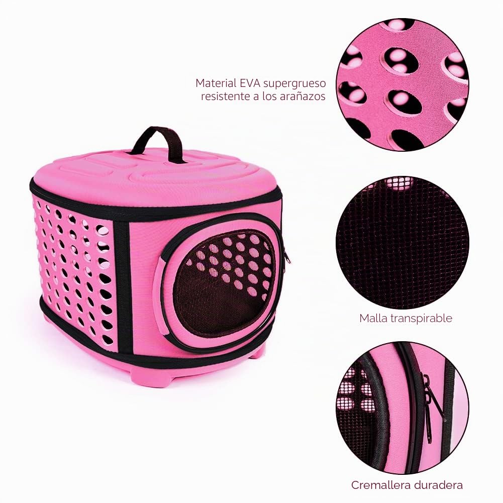 Transportin Gato Perro，Transportín de Viaje Portátil y Transpirable, Bolsa de Transporte Plegable para Mascota(Rosa
