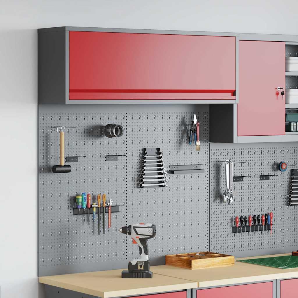 Juego de 3 armarios de herramientas de acero con recubrimiento de polvo rojo, montaje en pared con estantes metálicos y placas perforadas para taller, garaje, espacio de hobby, orden y