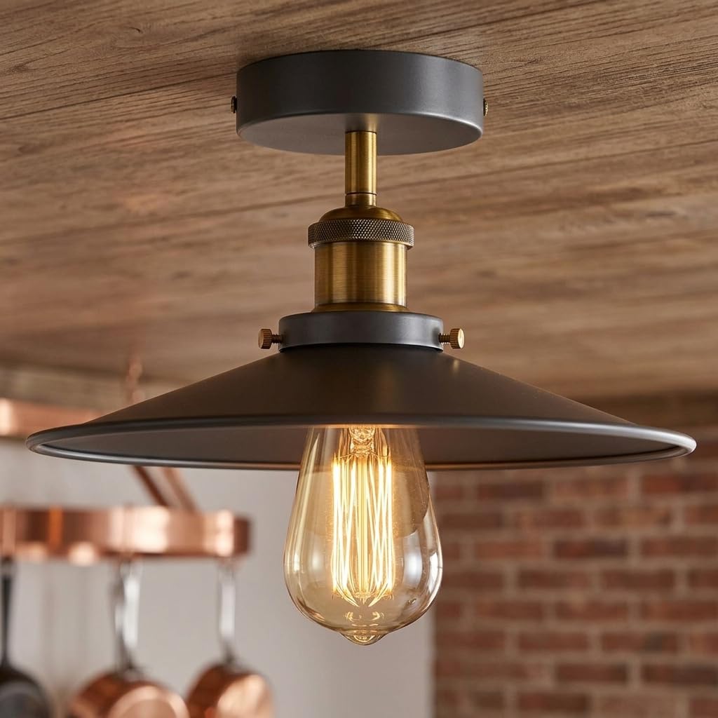 LEDSone Semi Flush Mount Vintage E27 Ceiling Light - Industrial Chandelier Metal 22cm Lampshade Black LED Ceiling Lighting Fixtures for Kitchen Dining Room Bedroom EPC A+