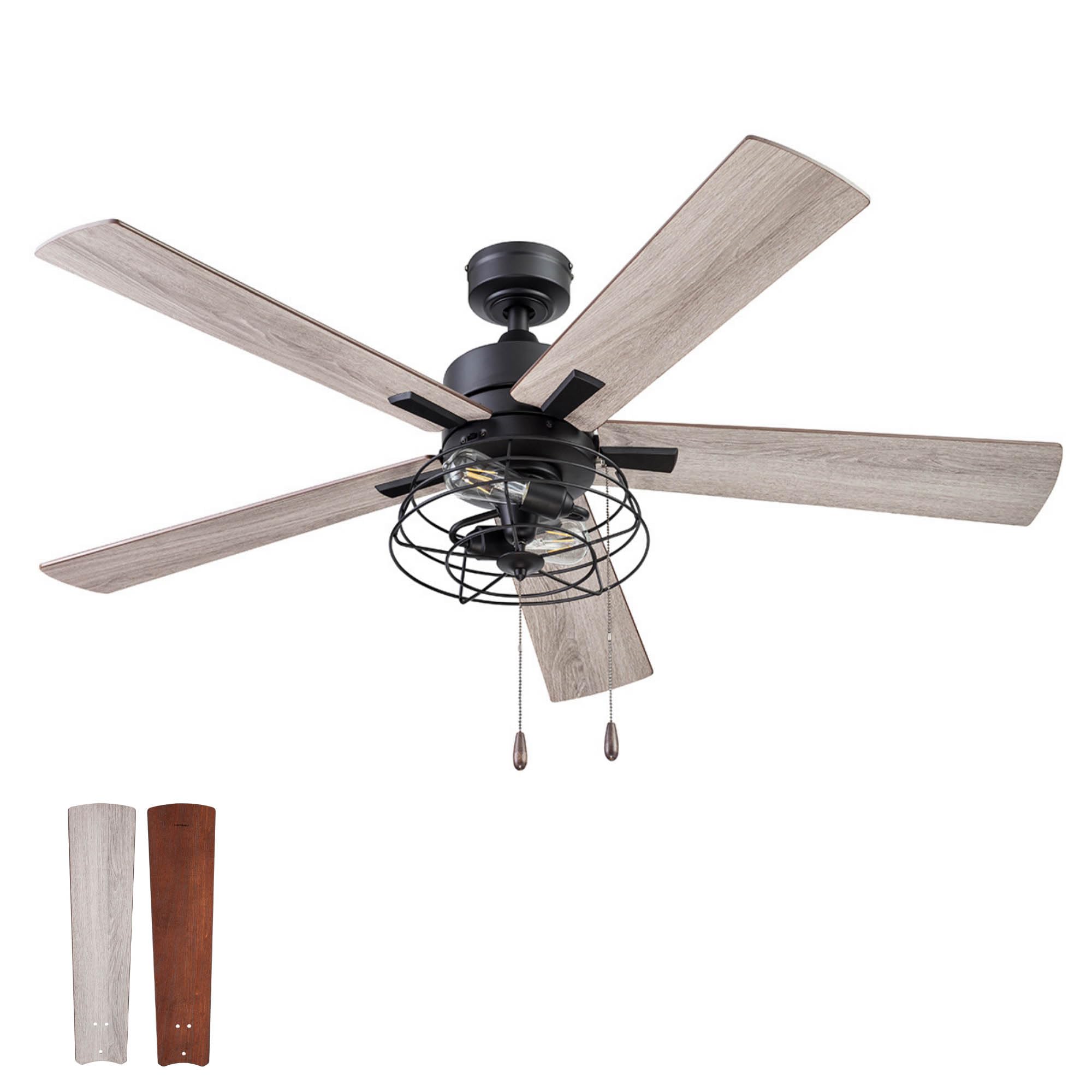 Prominence Home Marshall, 52 Inch Industrial Style LED Ceiling Fan with Light, Pull Chain, Three Mounting Options, Dual Finish Blades, Reversible Motor - Model 51457-01 (Matte Black)