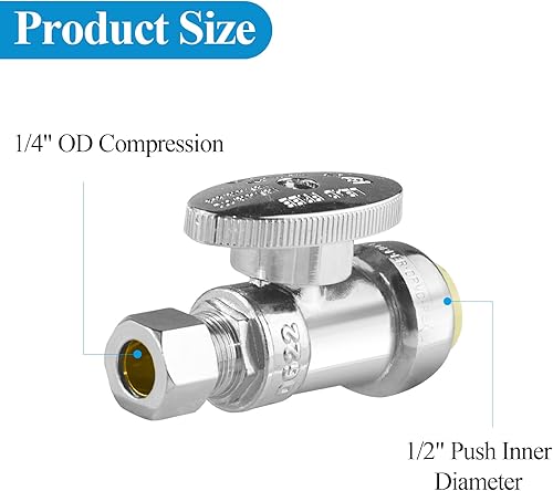 Miniatura 8 de WiseWater Válvula de parada de ángulo de ajuste de empuje de 14, válvula de agua de cierre de empuje de 14 pulgadas con clip de desconexión,