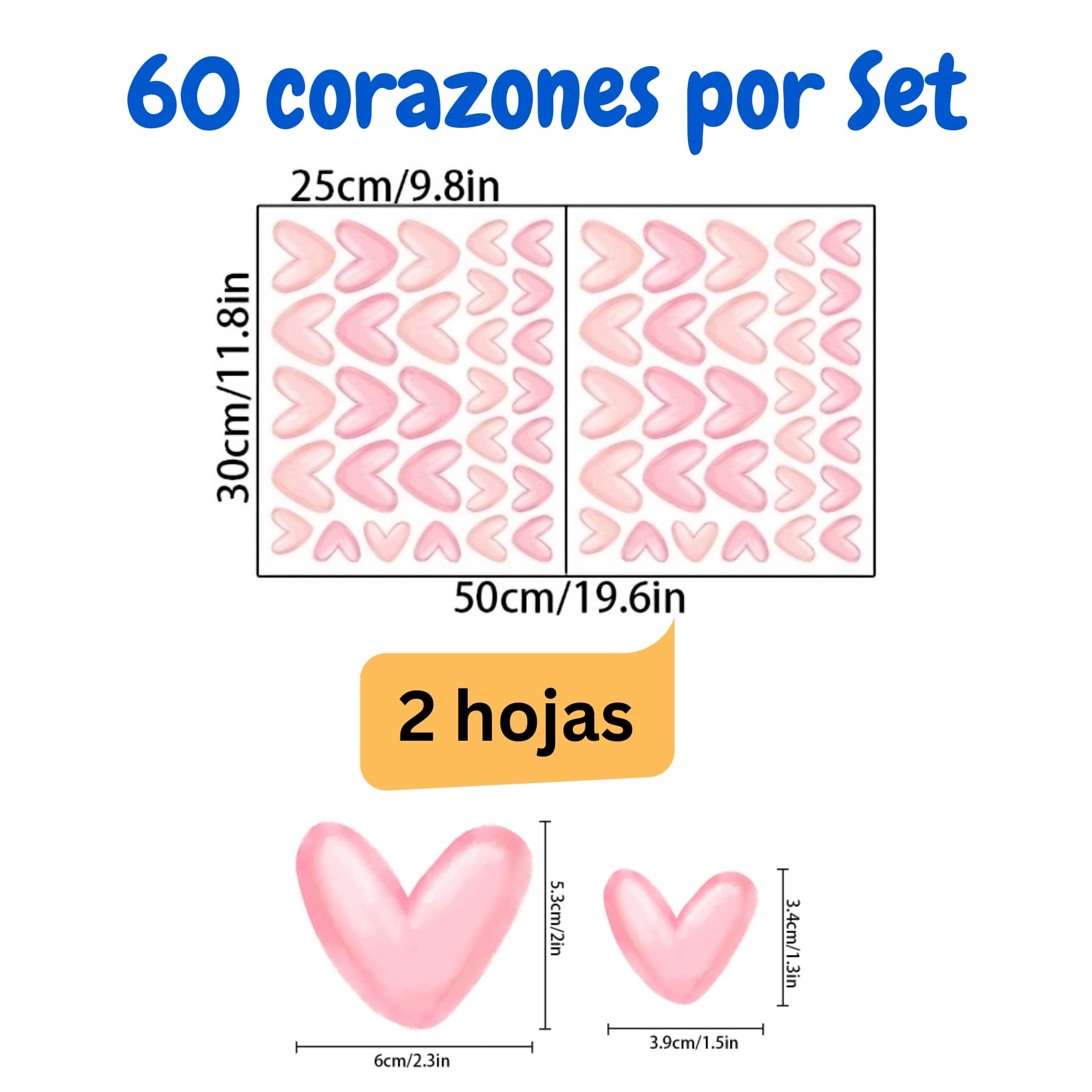 Set de 60 Pegatinas Infantiles Decorativas de Vinilo Adhesivo para Pared - Diseño de Corazones Rosa Adhesivos estilo Acuarela para Decoracion Habitacion Niño, Niña