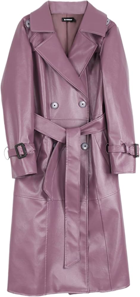 Amazon.co.jp: 秋紫黒ロングレザートレンチコート女性のための長袖