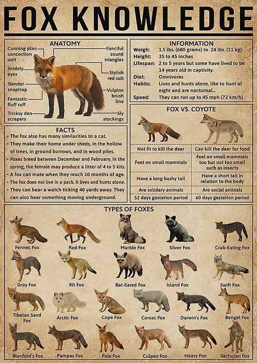 rayprint Fox Knowledge Metal Tin Signs Fox Infographics Science Posters Office Home Wall Art Decor Kids Educational Infographic Plaque 12x16 Inches
