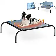 SZEE Raised Dog Bed with Detachable 2-Sided Cooling/Warming Waterproof Mat, Elevated Dog Cot Bed for Small Sized Breeds with Durable Steel Frame & Sturdy Teslin Mesh, Outdoor & Indoor All-Season Use