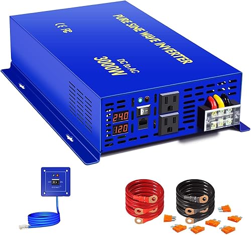 Inversor de corriente de onda sinusoidal pura de 3000 W - 24 V CC a CA 120 V 110 V con controlador de interruptor remoto de cable de 15 pies,
