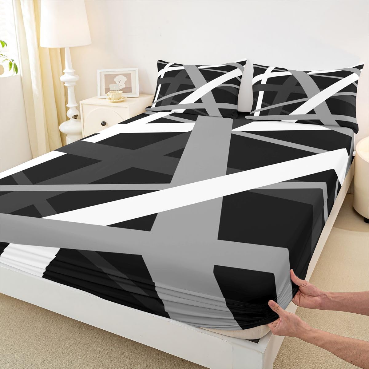 Manfei Juego de sábanas bajeras de líneas abstractas, tamaño King, juego de ropa de cama de rayas grises y negras, 3 piezas, sábanas decorativas retro con 2 fundas de almohada, decoración de
