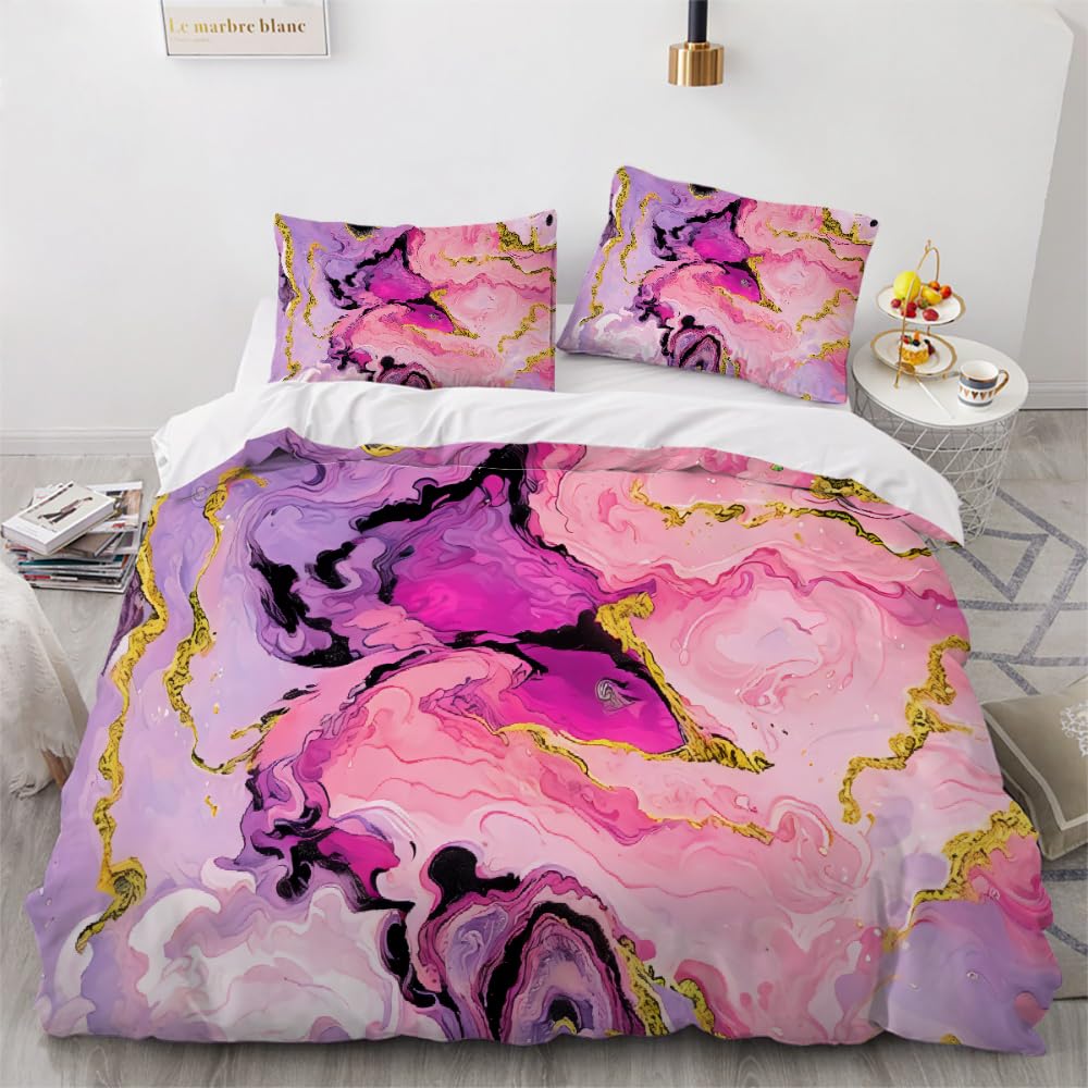 SANSJI Single Duvet Cover Set, Nordic Luxury Microfiber Bedding Set with 2 Pillowcase, Black Pink Purple Breathable Comforter Cover, Gold Marble Quilt Cover Sets All Seasons, Light Luxury Girl