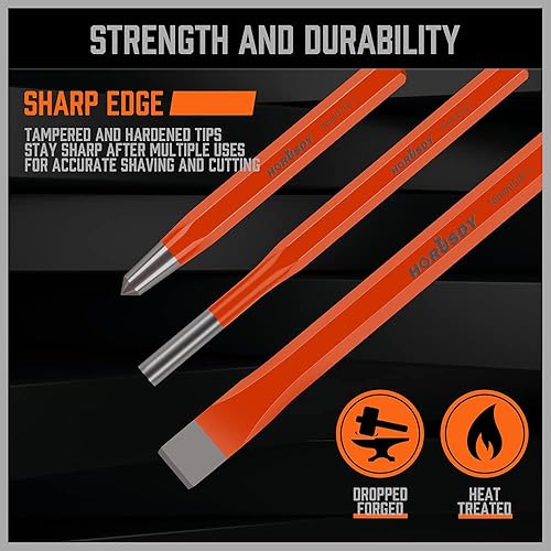 Miniatura 12 de HORUSDY Juego de cinceles fríos resistentes de 3 piezas, largo de 8 pulgadas, 10 pulgadas, 12 pulgadas, con bolsa de rollo, 1 pulgada, 7/8 pulgadas