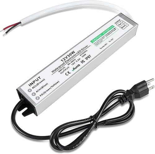 Fuente de alimentación LED de 12 V 30 W, controlador LED IP67 impermeable, transformador LED con enchufe de 3.3 pies de cable para luz LED, proyecto