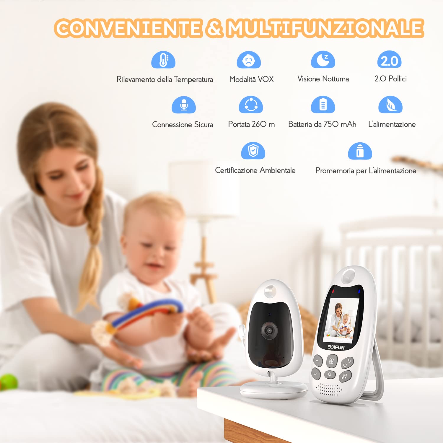 BOIFUN Baby Monitor, Videocamera Schermo da 2 Pollici, 750mAh Batteria Ricaricabile, VOX Rilevamento Del Suono, Supporto Visione Notturna, 8 Ninne Nanne, per Bambino/Anziano