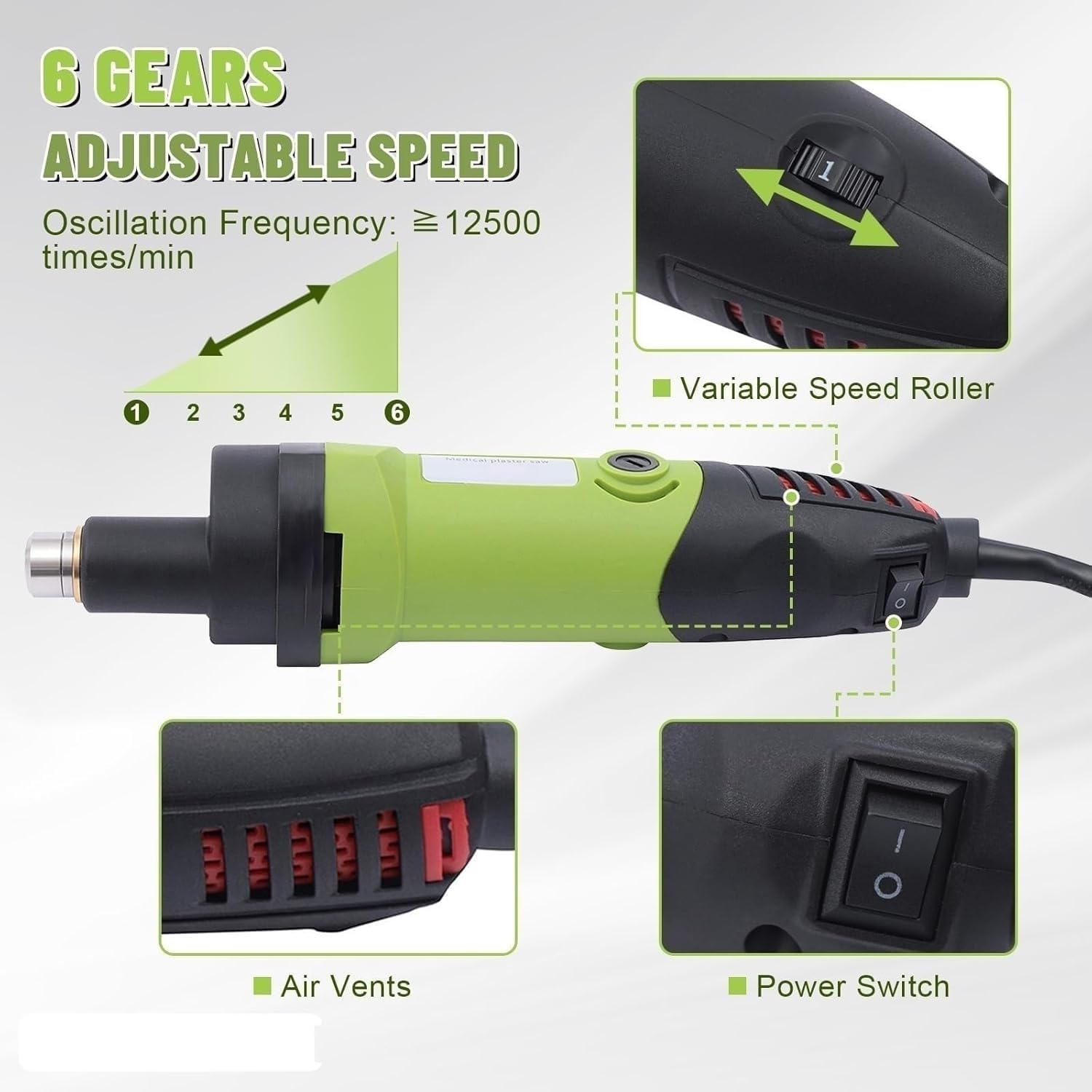 Cortador eléctrico de sierra de yeso, cortador oscilante ortopédico de 125 W con 3 cuchillas, 6 velocidades ajustables, herramienta de extracción de fundición de 12500 rpm para quitar vendajes de yeso