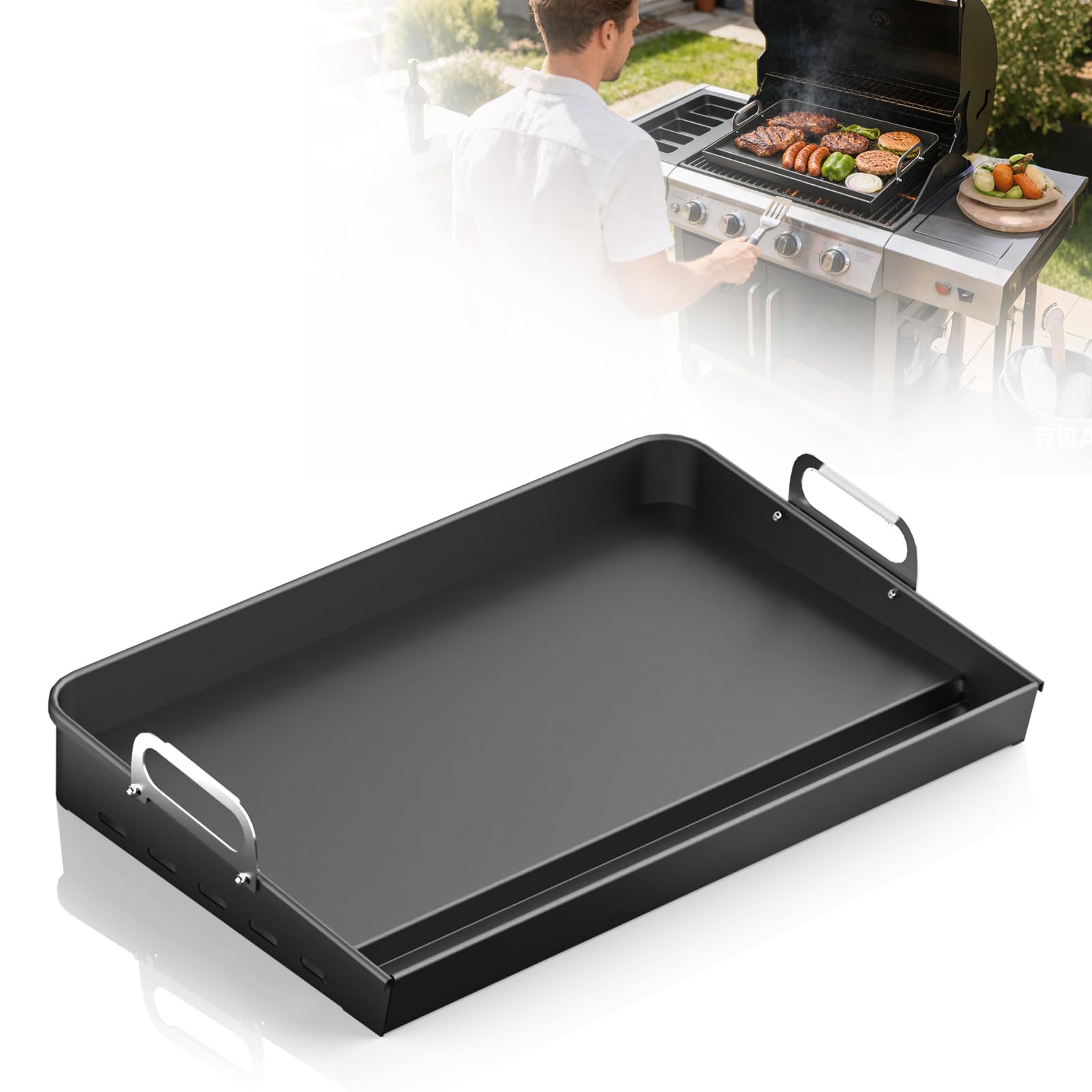 Plancha superior de estufa de 17 x 13 pulgadas para parrilla de gas, cocina en la parrilla superior plana y parrilla simultáneamente, plancha de hierro fundido antiadherente de ajuste universal para