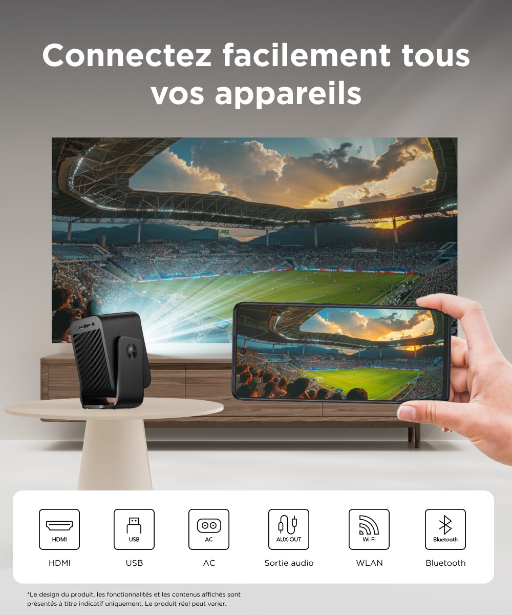 Projecteur Portable TCL C1 GTV, Full HD 1080p, Licence Netflix, Mise au Point Auto, Audio Dolby Digital, 30 000 h de Vie, Image Jusqu’à 120", Projection au Plafond