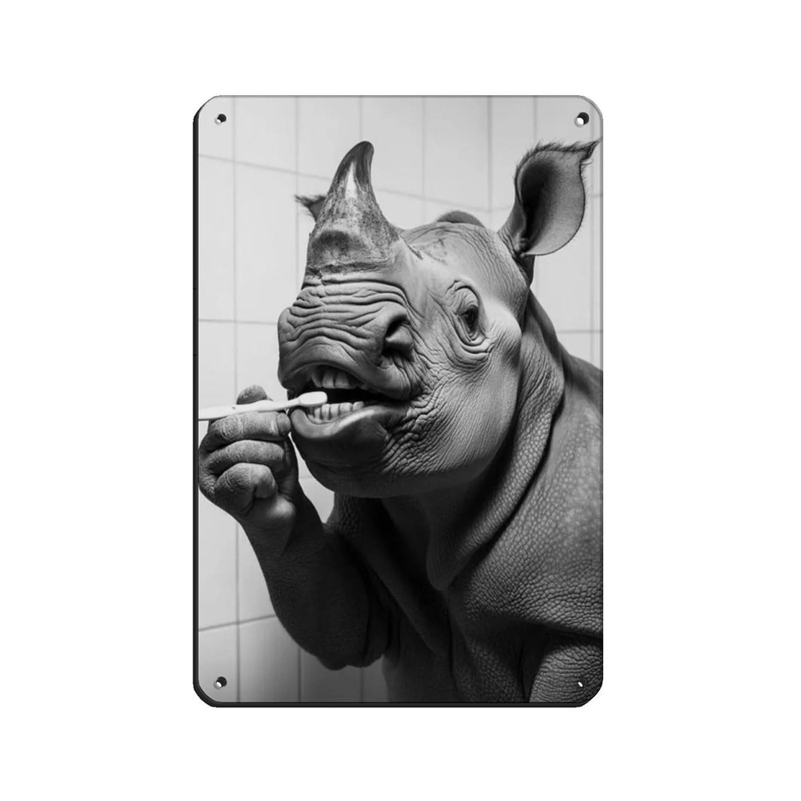 Rhino Brushing Teeth, Funny Bathroom Art Tin Sign Vintage Metal Pub Club Cafe Bar Home Wall Art Decoration Poster Retro 8x12inch(20x30cm)