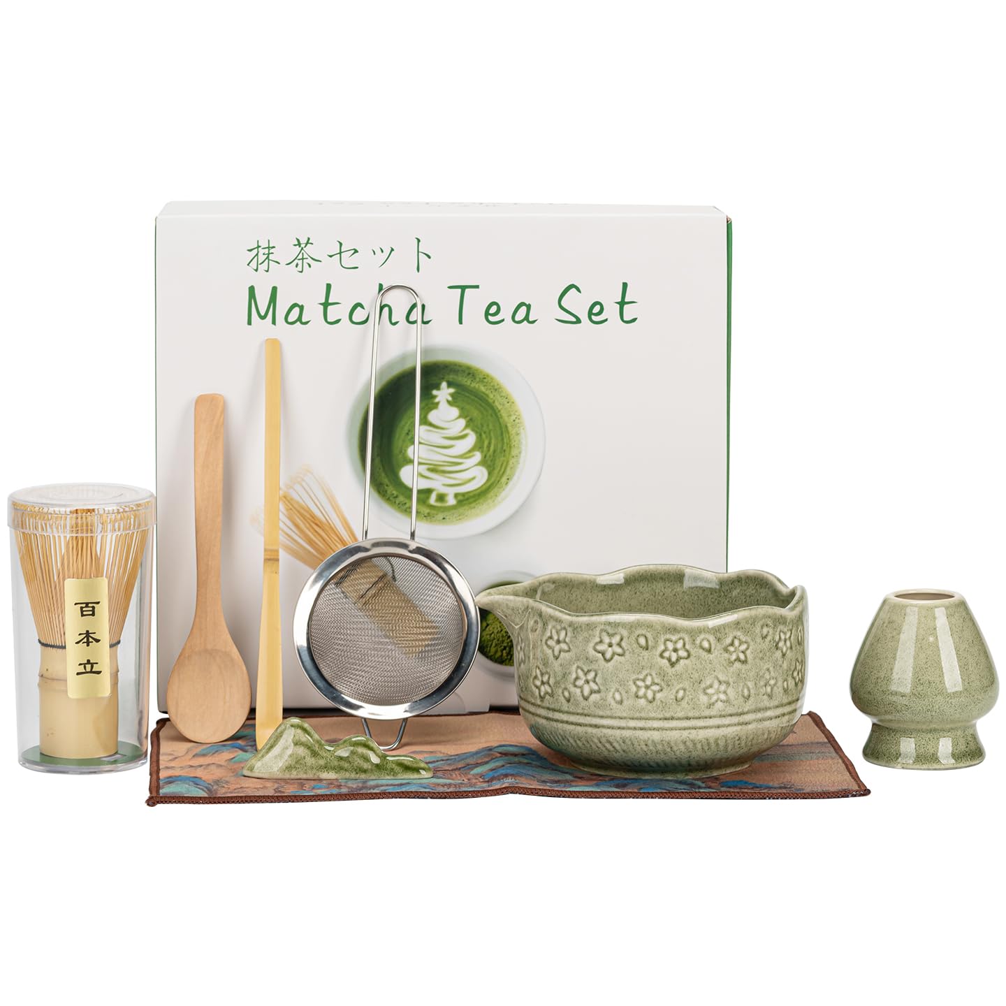 8Pcs Matcha Whisk Set, Matcha Tea Set, Ceramic Matcha Making Kit with Bowl, Bamboo Whisk & Holder, Stainless Sifter, Tea Towel, Scoop & Scoop Rest, Perfect for Beginners & Lovers (Green)